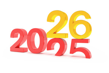 3d render of the numbers 2026 and 25 in red and gold over white background. The number 26 falls on the number 25 and breaks in it in the ground - vacation concept.