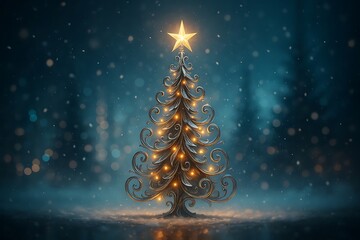 Magical Metallic Christmas Tree with Swirling Branches and Glowing Lights in Snow