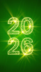 Vertical illustration of abstract neon light with the numbers 2026 over green background - represents the new year - vacation concept.