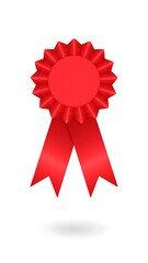 A vibrant, solid red award ribbon sits on white. It has a circular top with a frilled edge, and two long, downward-pointing ribbons