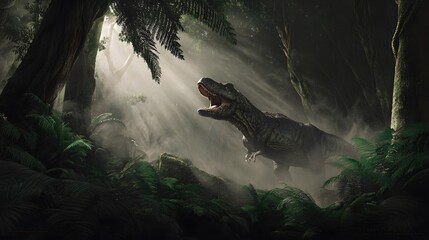 Obraz premium Majestic dinosaur roars within a misty jungle bathed in cinematic sunlight and ancient towering trees