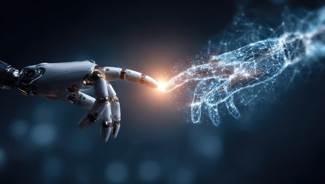 Robotic hand extends to touch digital ethereal hand with glowing light