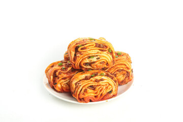 Handmade Spicy Pork Scallion Pancake Rolls on White Plate - Asian Cuisine Food Photography