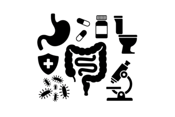 Collection of black medical icons representing the digestive system stomach intestines and related health elements isolated on transparent background
