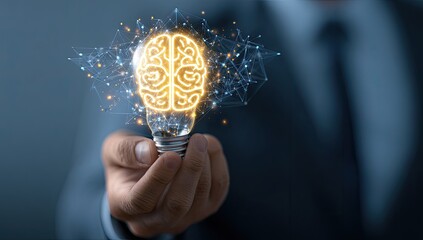A businessman holding a glowing lightbulb with an illuminating brain inside, concept