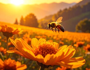 A honeybee flies near a vibrant orange flower against a background of mountains bathed in the golden light of sunset
