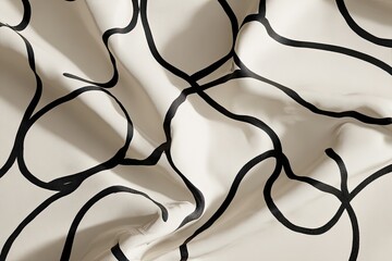 Ivory fabric with bold, looping black lines, creating a modern, abstract pattern