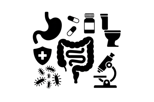 Collection of black medical icons representing the digestive system stomach intestines and related health elements isolated on transparent background