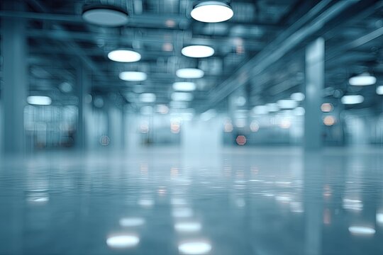 Blurry photo of a large, industrial-looking space with many overhead lights and a polished floor