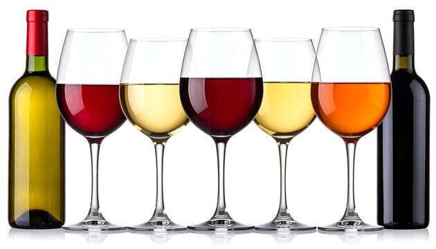A row of stemmed glasses containing different wine varietals, accompanied by two bottles. All are against a white backdrop