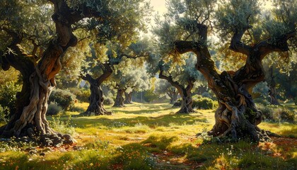 A sun-dappled grove with ancient, gnarled trees, creating a peaceful ambiance. Warm light filters through the foliage