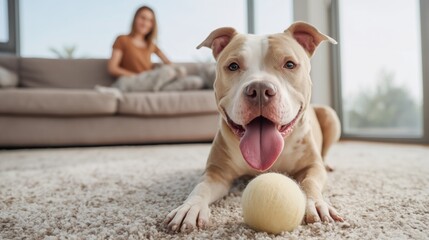 Pet dog resting with a ball, a woman relaxing on the couch in background