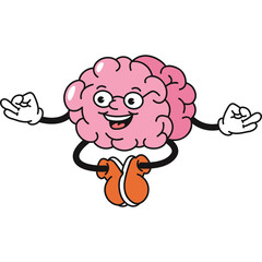 Cartoon Pink Brain Character Meditating With Eyes Closed And Smiling Wearing Glasses And Orange Pants Isolated On White Background