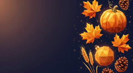 Polygonal Thanksgiving Ornaments in Warm Amber — Geometric Pumpkin, Faceted Maple Leaves, Pine Cones, and Wheat Stems Arranged on the Right Side, Modern Low-Poly Autumn Decoration Design