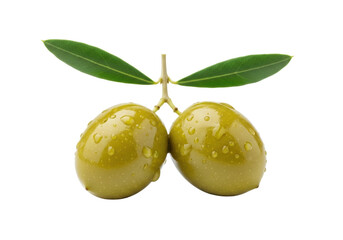 Obraz premium Two vibrant green olives with glistening water droplets on a fresh stem with leaves, isolated on a transparent background with soft studio lighting, concept of natural freshness and purity