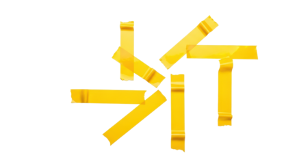 Vibrant yellow glossy adhesive tape pieces, crumpled, torn edges, varying lengths, isolated on transparent background with copy space. Concept of strategic thinking and problem-solving