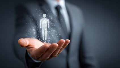 Hand holding a glowing, stylized human figure floating. Business suit background. Conceptual imagery