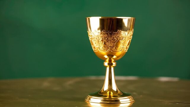 A gleaming gold chalice with ornate detailing, set against a blurred green backdrop