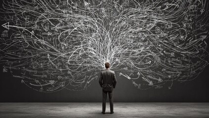 A suited man contemplates a complex network of arrows and lines above his head