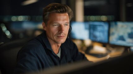 Veteran working remotely as cybersecurity analyst surrounded by glowing monitors — concept of digital defense, remote work, high-tech career transition, and continued service through protecting