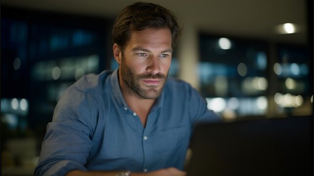 Focused veteran typing code in a dark room illuminated by holographic displays — representing discipline, attention to detail, modern technology, and veterans adapting to the digital age with