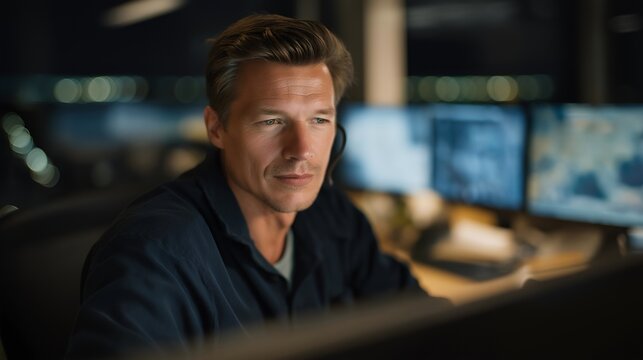 Veteran working remotely as cybersecurity analyst surrounded by glowing monitors — concept of digital defense, remote work, high-tech career transition, and continued service through protecting