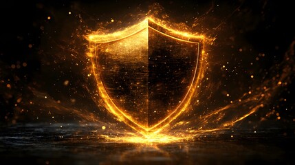 Golden shield symbol surrounded by sparks representing strength and protection in a dark atmosphere