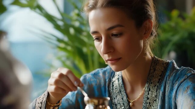 Young caucasian female enjoying traditional beverage in elegant setting