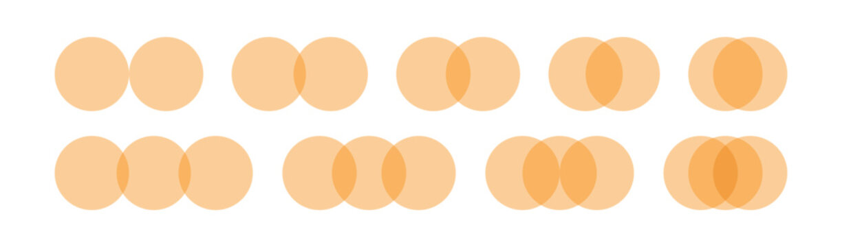 Two and three intersecting circles set. Circle Venn diagram with two and three parts. Infographic chart icon. 2, 3 overlap balance elements diagram. Vector illustration isolated on white background.