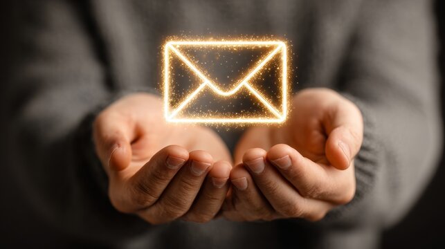 Digital Envelope Glows Above Open Hands Showing Communication Concept