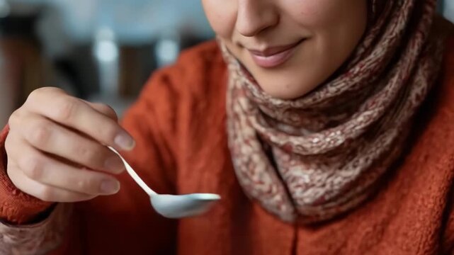 Adult caucasian female preparing coffee in copper pot at home