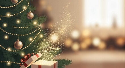 Christmas tree with glowing gift box dream, festive atmosphere, decorated with ornaments, copy space