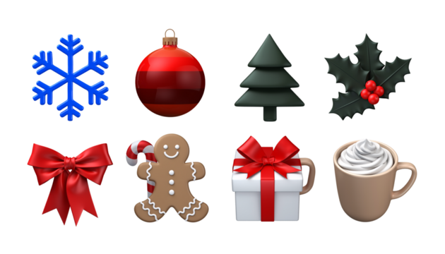 Festive Christmas Icons Collection with 3D Holiday Decorations and Ornaments, Colorful Seasonal Symbols Including Baubles, Candy Canes, Stars, and Holly for Merry Winter Celebration