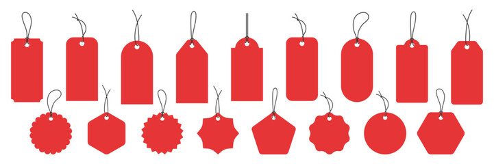 Hanging red tag icon set in flat style. Sale tag vector shapes collection. Discount label vector pack for business advertising. Special offer badge