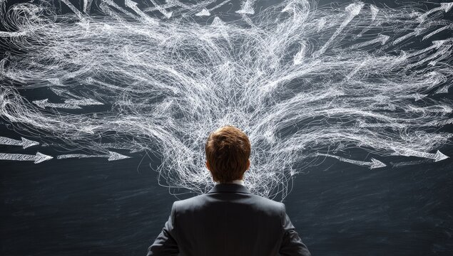 Rear view of a person in formal wear facing a chaotic cloud of arrows on a dark background