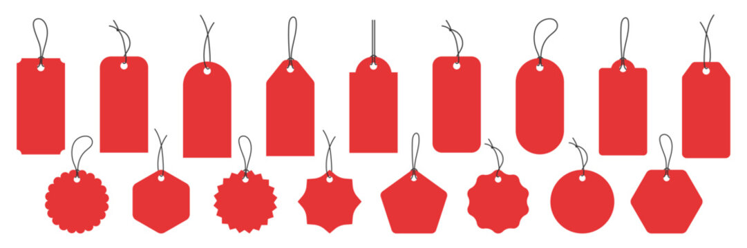 Hanging red tag icon set in flat style. Sale tag vector shapes collection. Discount label vector pack for business advertising. Special offer badge