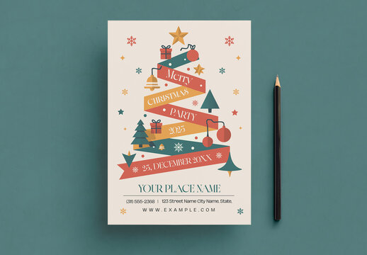 Christmas Party Flyer with Trees and Ornaments