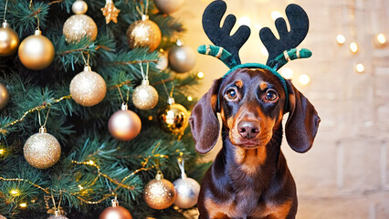 Brown dachshund dog wearing green reindeer horns near Christmas tree and golden ornaments. Cozy festive home atmosphere, humor and warmth of holiday season.