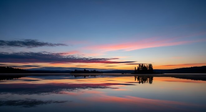 Sunset over a calm lake with reflections of the colorful sky at dusk