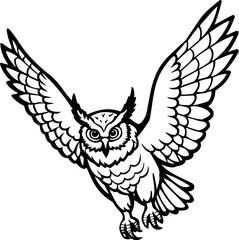 A detailed black and white illustration of a Great Horned Owl in mid-flight against a transparent background. The owl is positioned centrally, with its wings fully extended, displaying a symmetrical, 