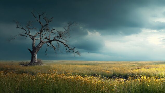 A lone, bare tree in a vast field of golden wildflowers under a stormy sky - Powered by Adobe