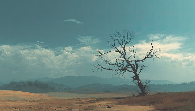 A lone, barren tree stands in a desolate landscape under a cloudy sky. Hilly terrain behind