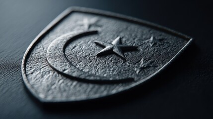 A close up of a metallic shield engraved with the Pakistan flag polished surface reflecting controlled studio light