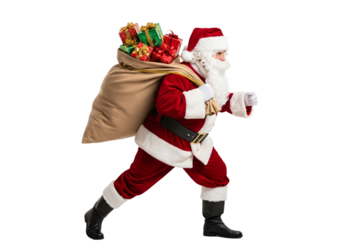 Santa Claus hurrying with sack full of presents, embodying Christmas spirit and holiday cheer for festive promotions and heartwarming seasonal campaigns, spreading joy and anticipation