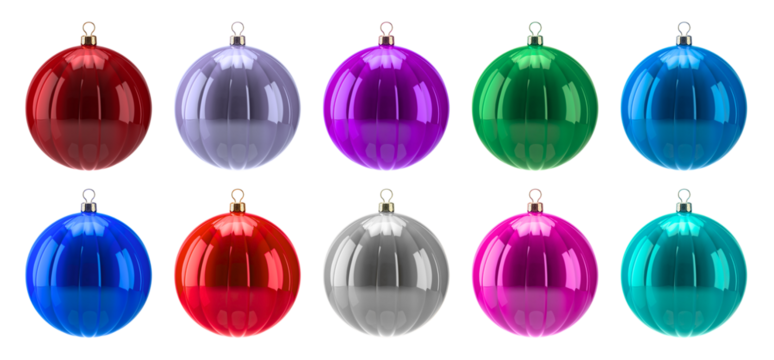 Set of Various Christmas Ball Decorations, Colorful Baubles Collection Isolated on White or Transparent PNG Background, Festive Holiday Ornaments for Winter and New Year Celebration