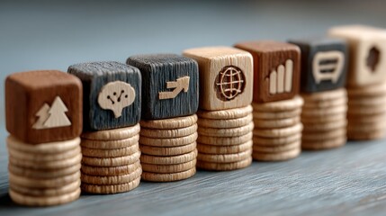 Stack of Coins with Wooden Cubes Featuring Business Icons