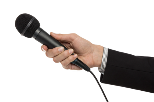 Hand holding a reporter's microphone with a blank flag for an interview