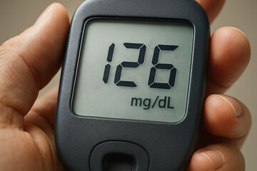 A close-up of a digital blood glucose meter displaying a reading of 126 mg/dL, held between fingers under soft light, illustrating personal health monitoring and diabetes awareness.