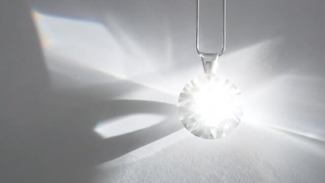 A brilliant, faceted, round gemstone pendant hangs suspended, casting a shadow on a white background
