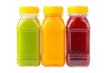 Three colorful fruit juices in clear plastic bottles with yellow caps on a black background